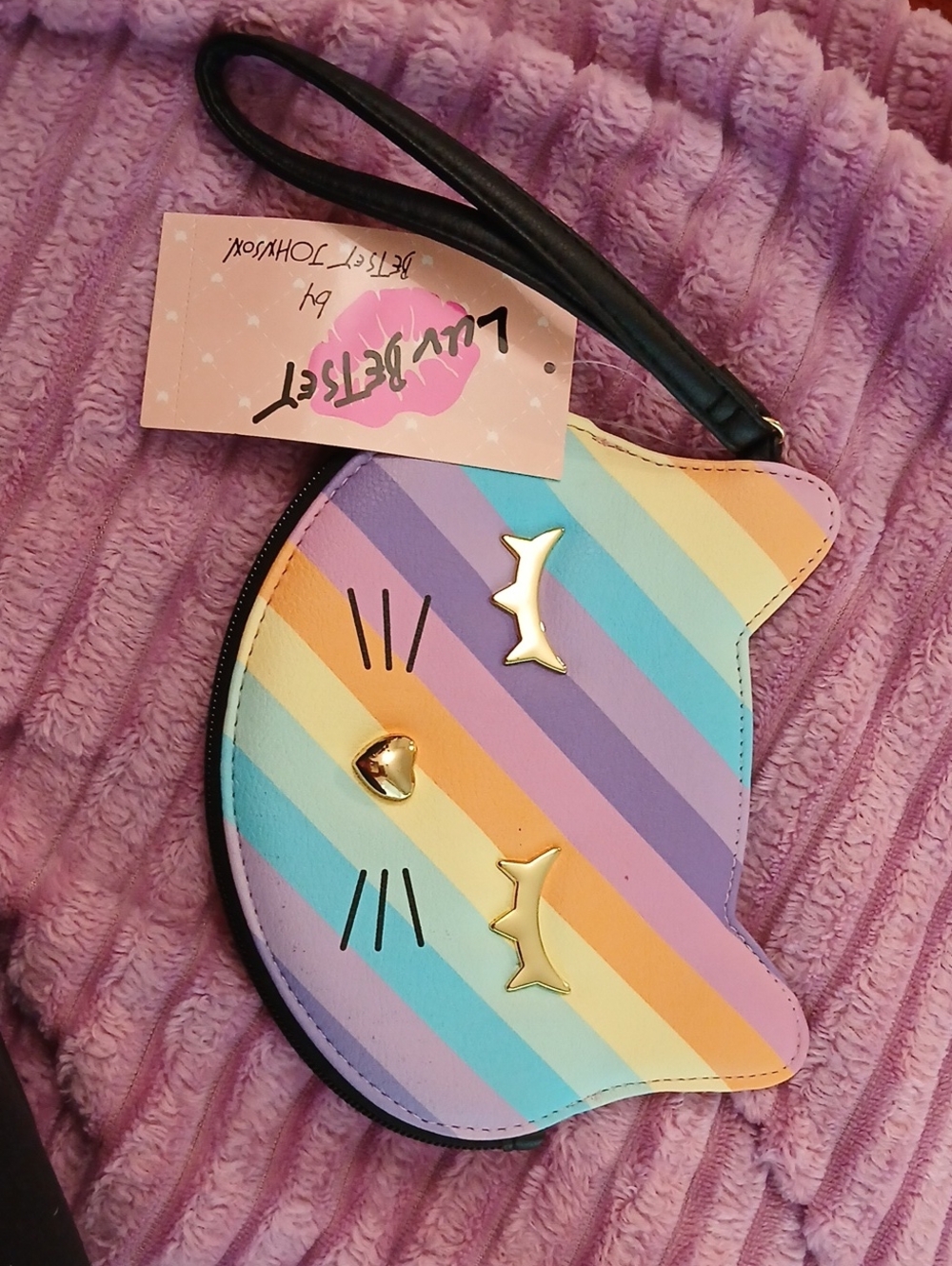 Betsey Johnson Pastel Rainbow Cat Wristlet - Pink, Purple, Blue, Yellow